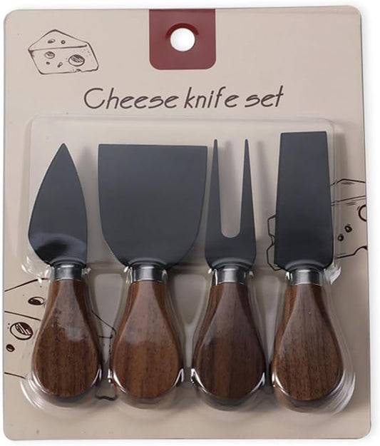 Linwnil 4-Piece Set of Stainless Steel Cheese Knives with Wood Hand, Including Cheese Slicer and Cheese Cutters, Essential Cheese Tools for the Kitchen (Walnut handle, Black)