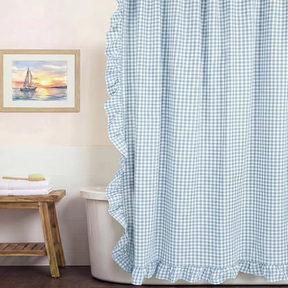 HunnmingRe Ruffled Gingham Shower Curtain Light Blue