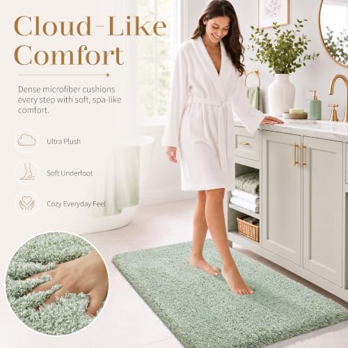 Yimobra Light Green and White Bathroom Rugs Non Slip Washable 44X24, Ultra Soft and Water Absorbent Bath Mats, Plush Fluffy Shower Mat Outside, Luxury Microfiber Thick Matts for Bathroom Floor/Tub
