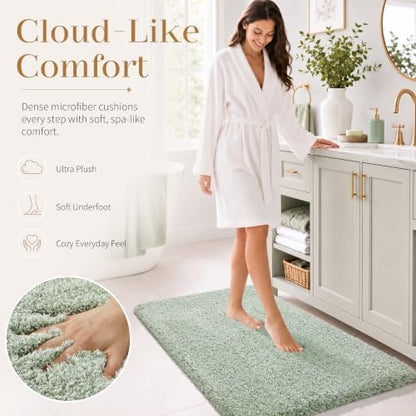 Yimobra Light Green and White Bathroom Rugs Non Slip Washable 44X24, Ultra Soft and Water Absorbent Bath Mats, Plush Fluffy Shower Mat Outside, Luxury Microfiber Thick Matts for Bathroom Floor/Tub
