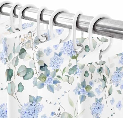 Shower Curtain Bathroom Set Summer Watercolor Blue Hydrangea Waterproof Fabric Shower Curtains with Grommets&Hooks Pastoral Eucalyptus Leaf Privacy Bath Curtain for Bathtub Decor 48x72IN