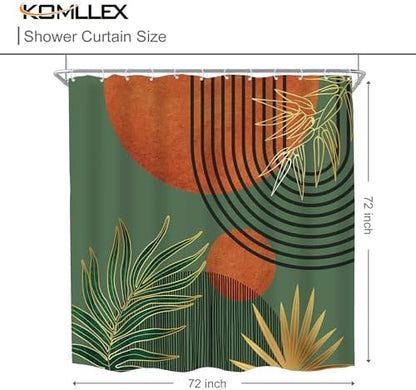 Mid Century Green Orange Boho Abstract Modern Bathroom Shower Curtain Set
