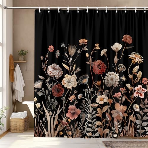 Vintage Boho Black Floral Shower Curtain, Beige Brown Cream Tan Rustic Farmhouse Flower Shower Curtain Set, Cute Botanical Wlidflowers Fabric Shower Curtains Decoration, 72X72 Bathroom Accessories