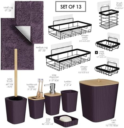 Clara Clark Bathroom Set - Purple Bathroom Accessories Set, 6PC Bathroom Accessory Set, Bathroom Sets with Bathroom Rugs, Adhesive Corner Shower Caddy Hanging, Toilet Brush, Trash Can & Soap Dispenser