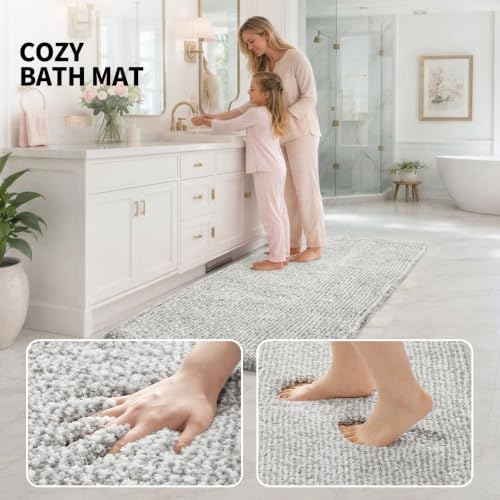 ILANGO Grey and White Bathroom Rugs 70" × 24" Non Slip & Super Absorbent Thick Soft, Washable Bath Carpet Runner for Floor, Microfiber Plush Shaggy Bath Mats for Bedroom Bathtub Shower Room