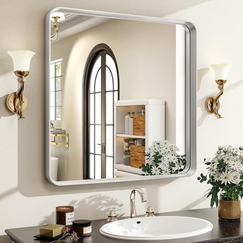 30"x 30" Silver Bathroom Mirror - Aluminum Framed Wall Mirror, Bathroom Wall Mounted Vanity Mirror, Modern Bathroom Mirror, Bedroom, Living Room Wall Mirror, Hang Horizontally or Vertically