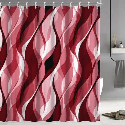 Red Striped Shower Curtain with Hooks for Bathroom 72x72 Inch