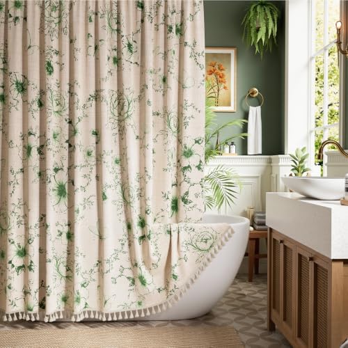 Vintage Green Floral Shower Curtain with 12 Clear Rings - 72" W x 72" L