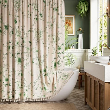 Vintage Green Floral Shower Curtain with 12 Clear Rings - 72" W x 72" L