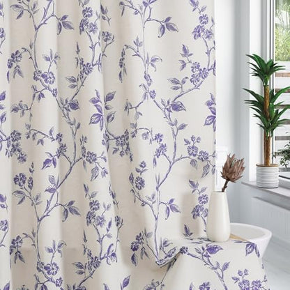 MitoVilla Extra Long Shower Curtain Set 72 x 84, Cotton Floral Cottagecore Spring Shower Curtains for Bathroom, Modern Farmhouse Country Plant Leaves Bathroom Décor