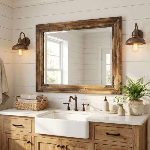 Rustic Brown 30x40 Inch Wood Bathroom Vanity Mirror, Rivets