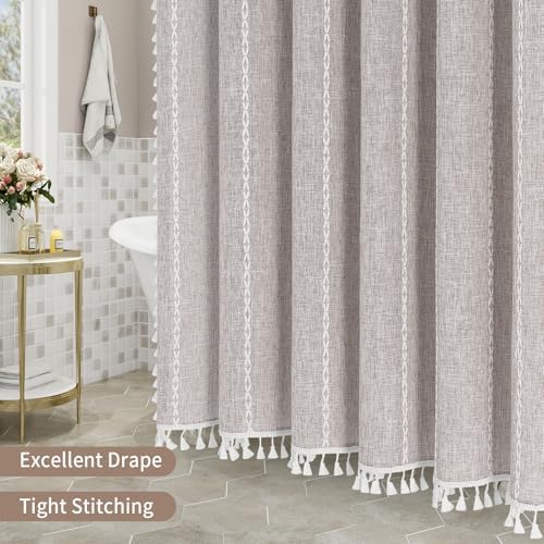 Boho Farmhouse Tassel Linen Shower Curtain,3D Embroidery Stripe Grey,72x78