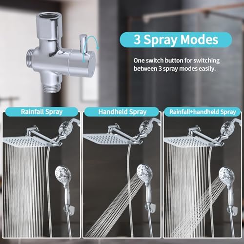 8'' Dual 20 Stage Filtered Shower Head with Handheld, 6 Spray Settings Handheld Shower Head High Pressure Rainfall Filter Combo with 12'' Adjustable Extension Arm, 71'' Shower Hose (Chrome Polished)