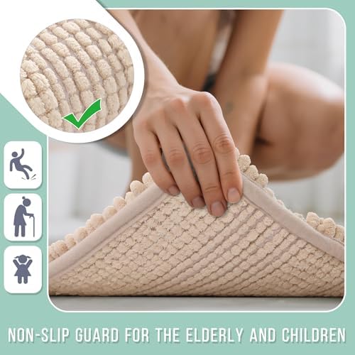 Yimobra Bathroom Rug Mat 44 x 24, Non Slip and Super Absorbent Bath Mat,Machine Washable Quick Dry,Ultra Plush Chenille Shower Rugs for Bathroom Floor Sink Tub and Shower Outside, Beige