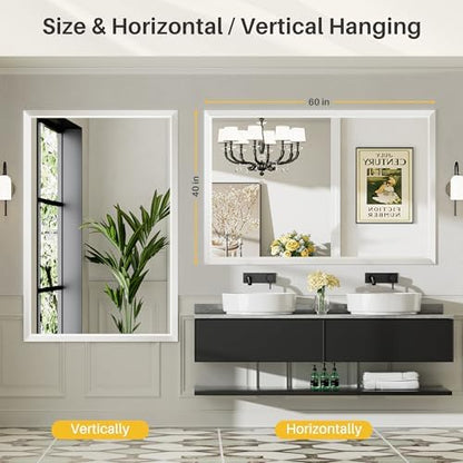 Briivue Bathroom Wall Mirror, White Metal Frame, 60x40 Inch