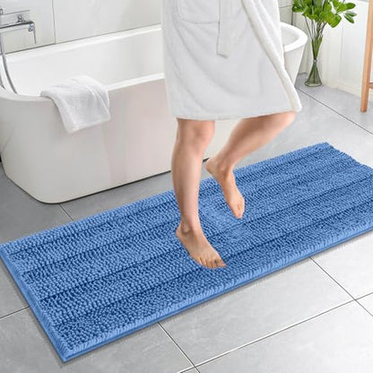 OLANLY Bathroom Runner Rugs 59x20, Soft Chenille Bath Rugs, Cornflower Blue