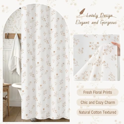 Beige Floral Farmhouse Vintage Cotton Shower Curtain French Country 72Wx72H