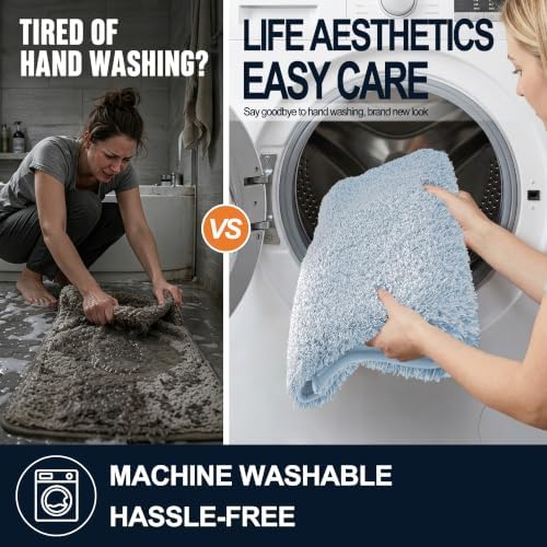 OLANLY Microfiber Bathroom Rugs 59x24, Quick Dry Mat, Airy Blue and White