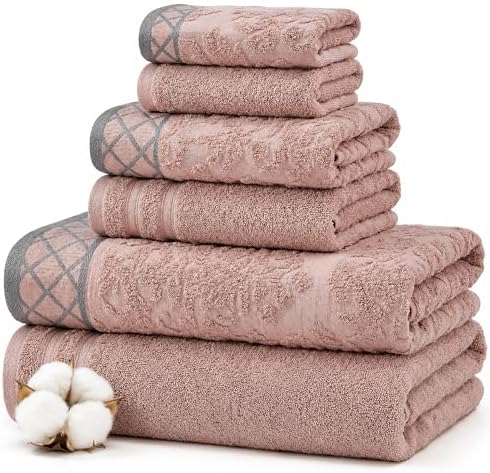 Modern Threads 6 Piece Bath Towel Set – Bathroom Towel Set with 2 Bath Towels, 2 Hand Towels & 2 Washcloths – 100% Cotton, Soft & Absorbent – Diamond Border (Blush)