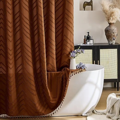 Siiluminisoy Extra Long Shower Curtains Burnt Orange 72 x 96 Inches Tufted Chevron Fabric for Bathroom Vintage Shabby Chic Waterproof Cloth Shower Curtain