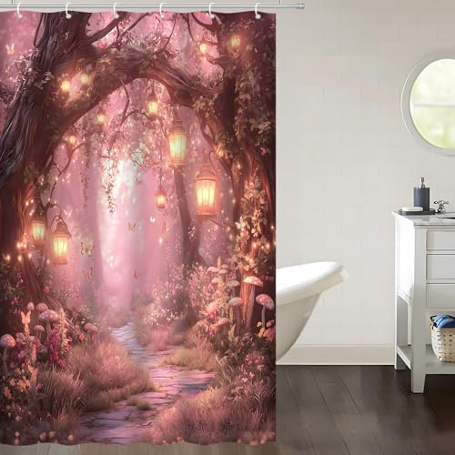 Fantasy Forest Path Shower Curtain Pink Fairy Magical Enchanted Misty Jungle Mushroom Floral Tree Butterfly Lantern Wonderland Bath Curtain Fabric Bathroom Accessories Decor with Hooks 47W x63L