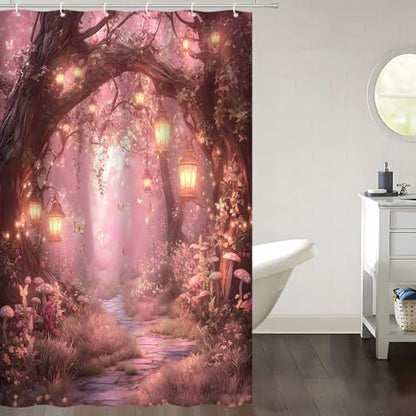 Fantasy Forest Path Shower Curtain Pink Fairy Magical Enchanted Misty Jungle Mushroom Floral Tree Butterfly Lantern Wonderland Bath Curtain Fabric Bathroom Accessories Decor with Hooks 47W x63L
