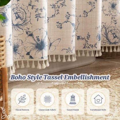 Vintage Blue Floral Shower Curtain with 12 Clear Rings - 72" W x 72" L