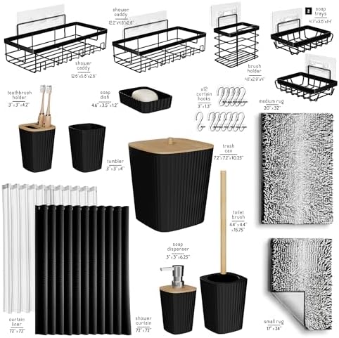 Clara Clark Bathroom Accessories Set - 27PC Bathroom Set with Adhesive Corner Shower Caddy Hanging, Bathroom Sets with Shower Curtain and Rugs, Ombre Black Shower Curtain Set with Bathroom Trash Can