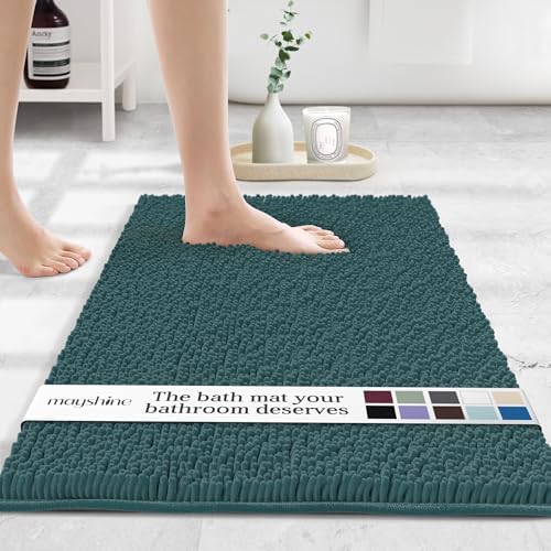 MAYSHINE Small Plush Shaggy Chenille Bath Mat, 23"x14", Extra Soft, Super Absorbent, Non-Slip Bathroom Rug, Fluffy Microfiber, Area Rug for Bathroom Floor, Kitchen, Living Room, Teal