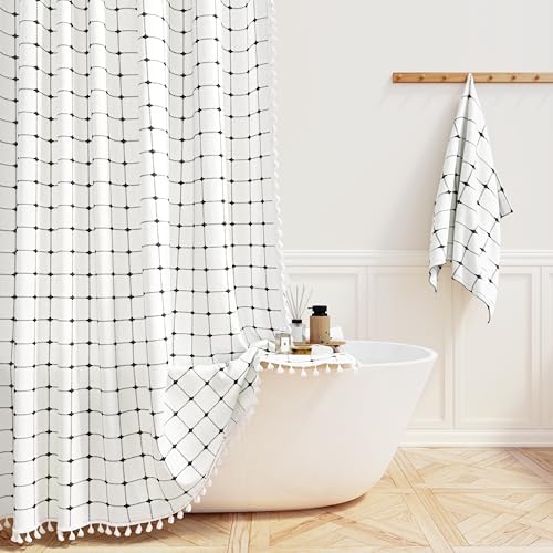 BTTN Extra Long Boho Farmhouse Linen Shower Curtain, 72x96, White and Black