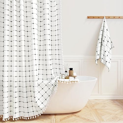 BTTN 60x72 Boho Farmhouse Linen Heavy Duty Shower Curtain, White and Black