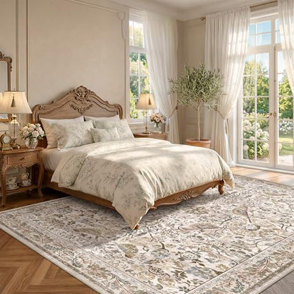 Floral 9x12 Large Area Rug for Living Room - Floral & Bird Soft Rugs for Bedroom,Non Slip Washable Carpet for Dining Room Under Table, Vintage Brown Taupe Indoor Décor, Low Pile Stain Resistant