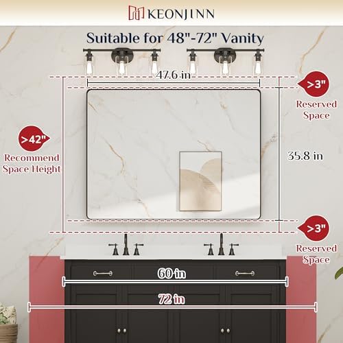 Keonjinn 48 x 36 Inch Black Bathroom Mirror for Over Sink, Tempered Glass
