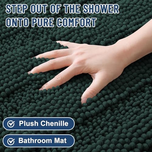 Grandaily Chenille Striped Bathroom Rugs 24x16, Extra Thick and Absorbent Bath Mats, Non-Slip Soft Plush Shaggy Shower Carpet, Machine Wash Dry, Bath Rug for Bathroom, (Small, Dark Green)