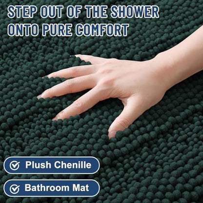 Grandaily Chenille Striped Bathroom Rugs 24x16, Extra Thick and Absorbent Bath Mats, Non-Slip Soft Plush Shaggy Shower Carpet, Machine Wash Dry, Bath Rug for Bathroom, (Small, Dark Green)