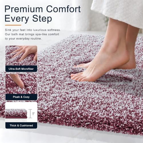 OLANLY Microfiber Bathroom Rugs 59x24, Quick Dry Mat, Burgundy and White