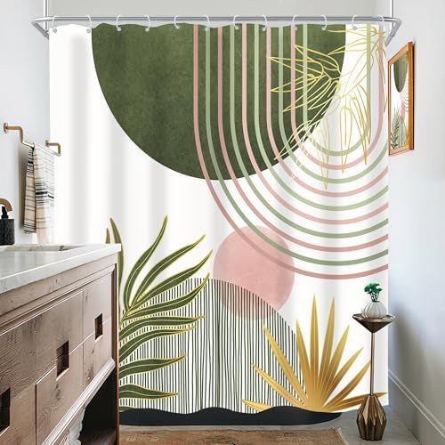 Mid Century Sage Green Pink Boho Abstract Bathroom Shower Curtain Set