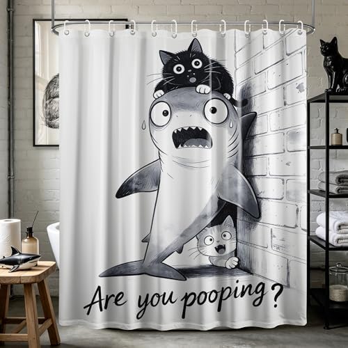 Black Cat Riding Shark Shower Curtain Cool Teen, 60x72 Inchs