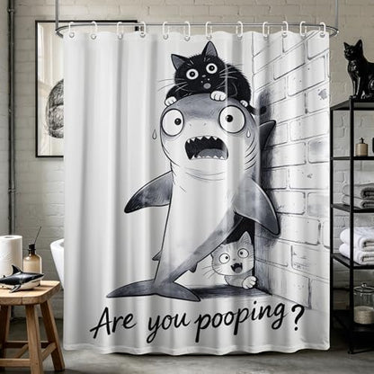 Black Cat Riding Shark Shower Curtain Cool Teen, 60x72 Inchs