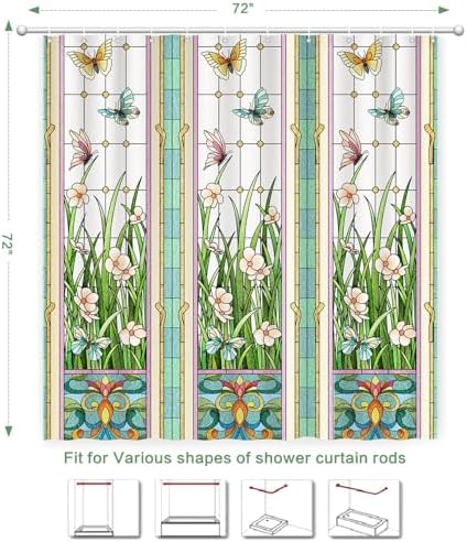 Flower Butterfly Shower Curtain, Glaze Glass Chinese Screen Window Shower Curtain Green Floral Shower Curtain Sets Waterproof Polyester Fabric Machine Washable Home Farmhouse Decor Bath Curtains