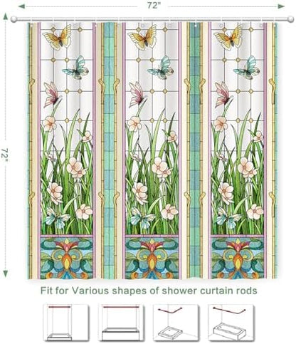 Flower Butterfly Shower Curtain, Glaze Glass Chinese Screen Window Shower Curtain Green Floral Shower Curtain Sets Waterproof Polyester Fabric Machine Washable Home Farmhouse Decor Bath Curtains