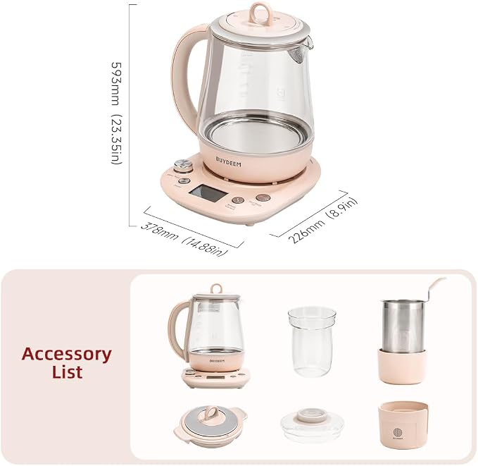BUYDEEM Health Pot K2763-BA-PK Lite, Glass Electric Kettle for Tea & Coffee, Hot Water Boiler and Wamer with Stew Pot, Temperature Control, Pink, 1.5L