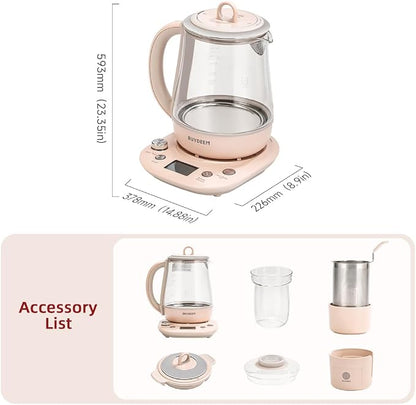 BUYDEEM Health Pot K2763-BA-PK Lite, Glass Electric Kettle for Tea & Coffee, Hot Water Boiler and Wamer with Stew Pot, Temperature Control, Pink, 1.5L
