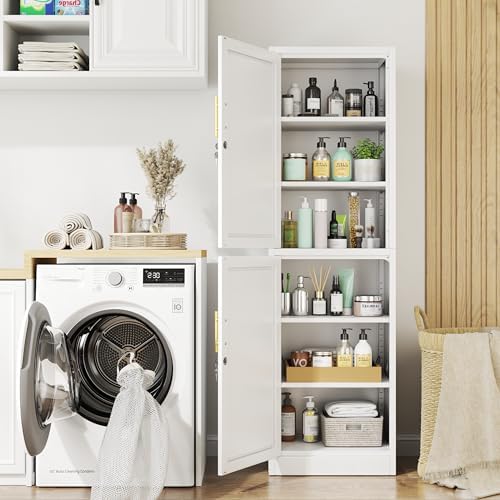 Tall Metal Narrow Bathroom Storage Locker Cabinet 67" H,White Kitchen Pantry Cabinets with 4 Adjustable Shelves and 2 Lockable Doors,File Cabinet Organizer for Kitchen Home Office Living Dining Room