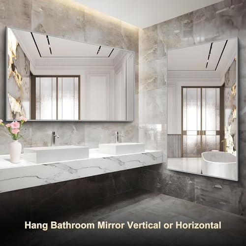 COFENY 36x60inch Brushed Nickel Bathroom Mirror, Silver Rectangle Mirror with Frame, Large Rectangular Wall Mirrors for Bathroom, Living Roomm, Hair Salon, Big Mirror Hang Horizontal/Vertical