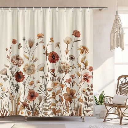 Vintage Boho Beige Floral Shower Curtain, Brown Cream Tan Rustic Farmhouse Flower Shower Curtain Set, Cute Botanical Wlidflowers Fabric Shower Curtains Decoration, 72X84 Aesthetic Bathroom Accessories