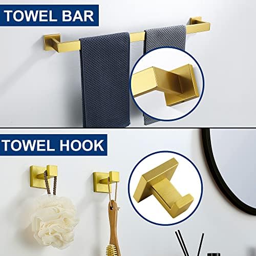 5 Pieces Bathroom Hardware Accessories Set Brushed Gold, 24Inch Bathroom Towel Rack Set SUS304 Stainless Steel, Square Bath Towel bar Set Wall Mounted, Heavy Duty