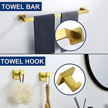 5 Pieces Bathroom Hardware Accessories Set Brushed Gold, 24Inch Bathroom Towel Rack Set SUS304 Stainless Steel, Square Bath Towel bar Set Wall Mounted, Heavy Duty