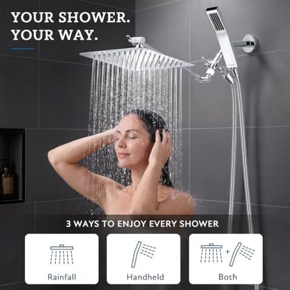 G-Promise All Metal 10" Dual Square Shower Head Combo | Rain Shower Head | Handheld Shower Wand | Adjustable | Smooth 3-Way Diverter | 71" Extra Long Hose - A Bathroom Upgrade (Chrome)