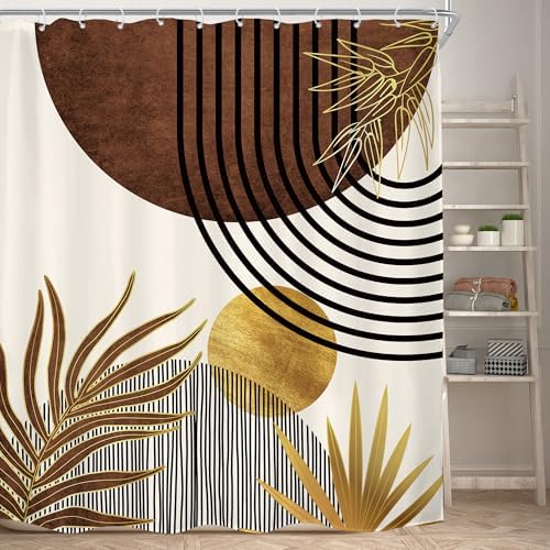 Mid Century Brown Boho Abstract Modern Retro Bathroom Shower Curtain Set